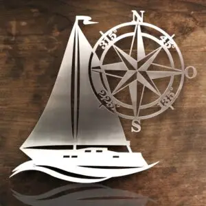 maritime wanddeko metall edelstahl schiff mit kompass vor holz