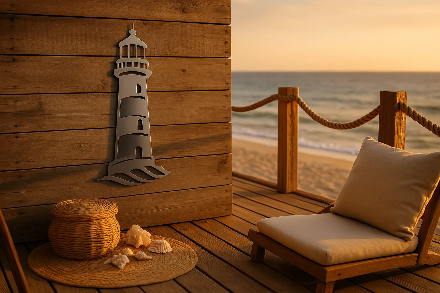 seeterrasse mit leuchtturm wanddeko