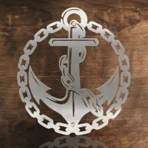 maritime wanddeko metall edelstahl anker mit ketten vor holzwand