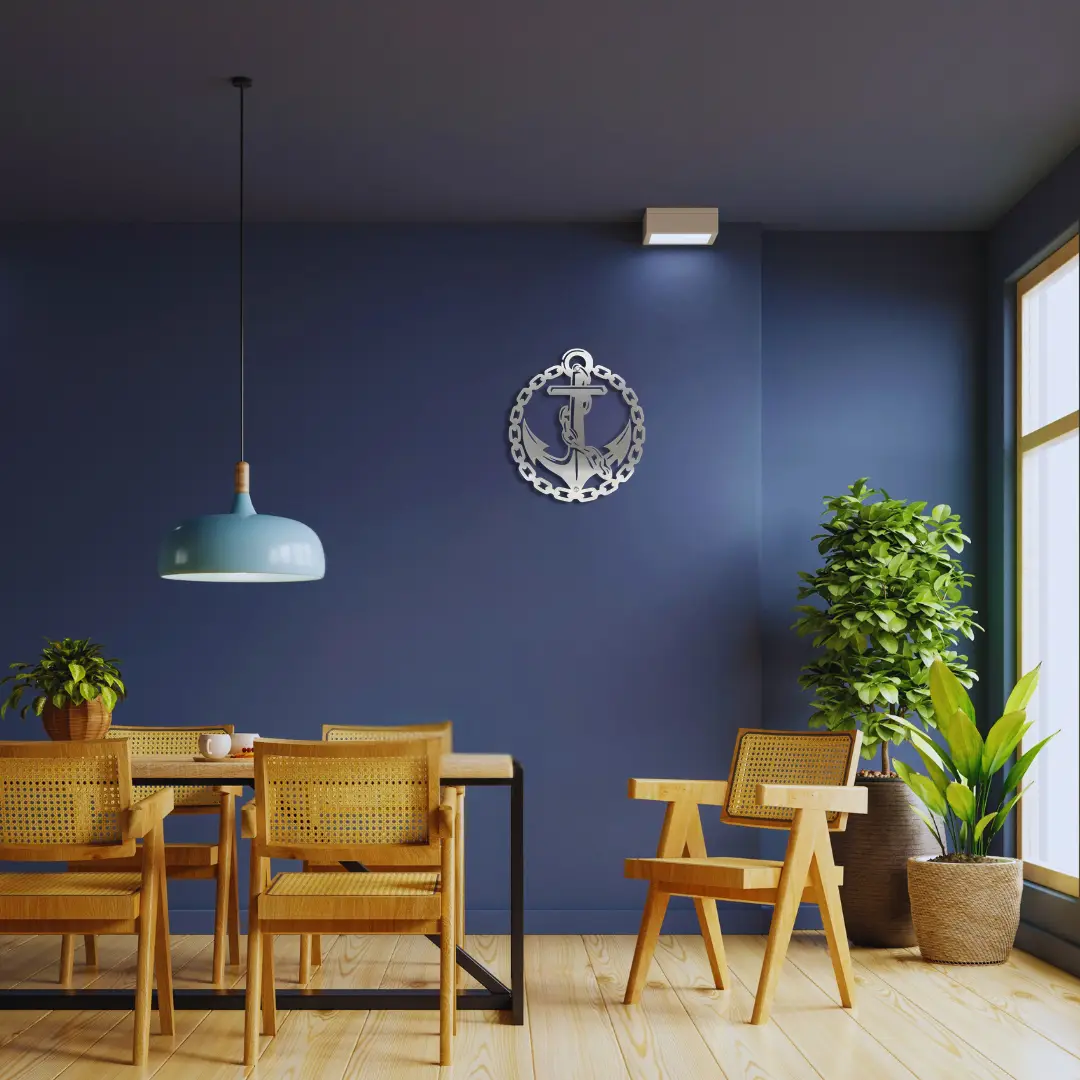 Maritime Wanddeko Metall Edelstahl Anker mit Kette vor maritimer Wand